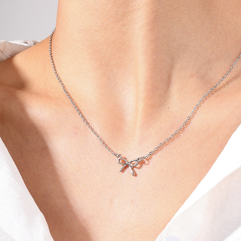 Sweet Light Luxury Metal Diamond Bow Necklace For Women