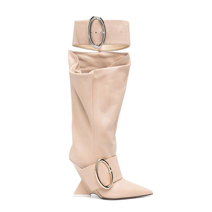 High-profile Wedge Sleeve Pointed Slip-on Strap Large Fastener Boots