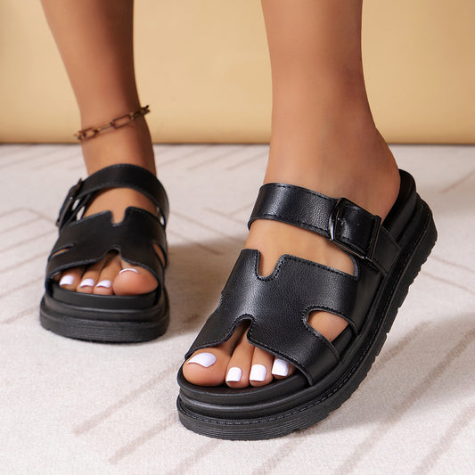 Women's All-match Thick Bottom Buckle Solid Color European And American Leisure Sandals