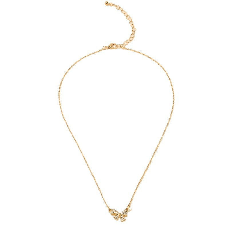 Sweet Light Luxury Metal Diamond Bow Necklace For Women