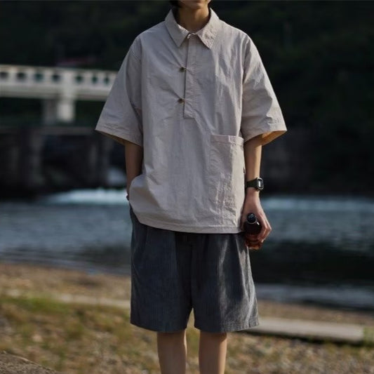 Retro Polo Shirt Japanese Summer Loose Solid Color