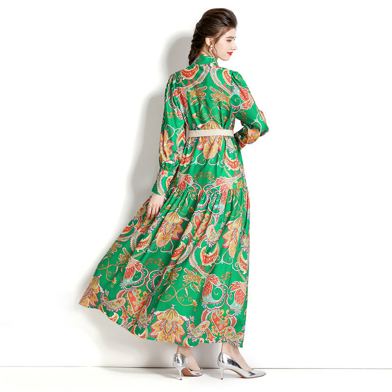 Retro Stand-up Collar Puff Sleeve Pleated Wavy Long Printed Dress