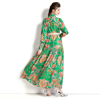 Retro Stand-up Collar Puff Sleeve Pleated Wavy Long Printed Dress