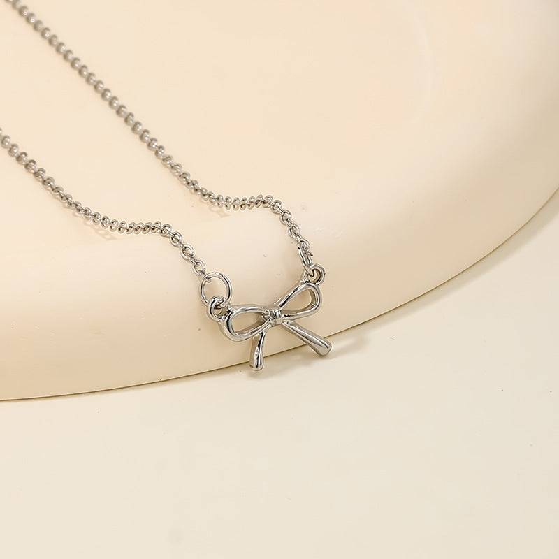 Sweet Light Luxury Metal Diamond Bow Necklace For Women